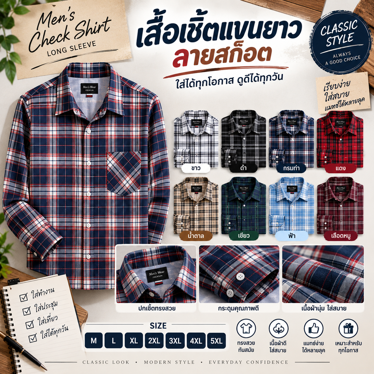 เสื้อเชิ้ตแขนยาว ลายสก็อต